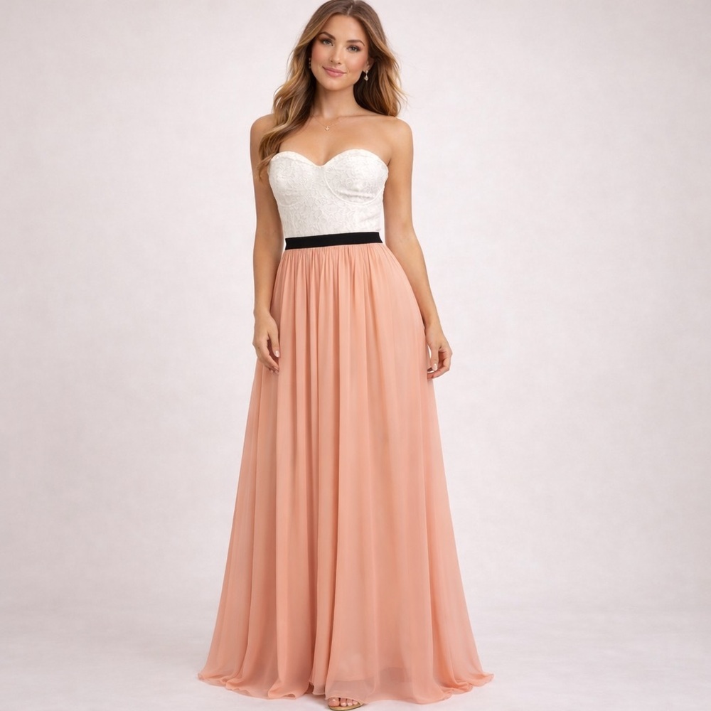 Say What? Strapless Soft Pink White Lace Corset Maxi Dress Size L